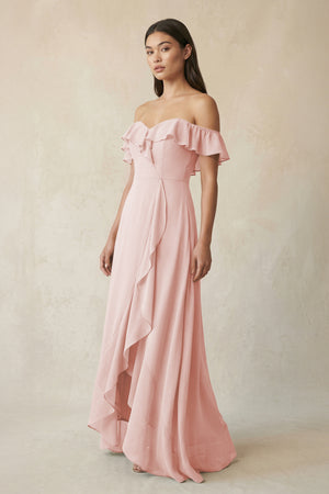 Ruffled Off-the-Shoulder A-Line Chiffon Bridesmaid Dress in Rose Petal | KISSBRIDAL