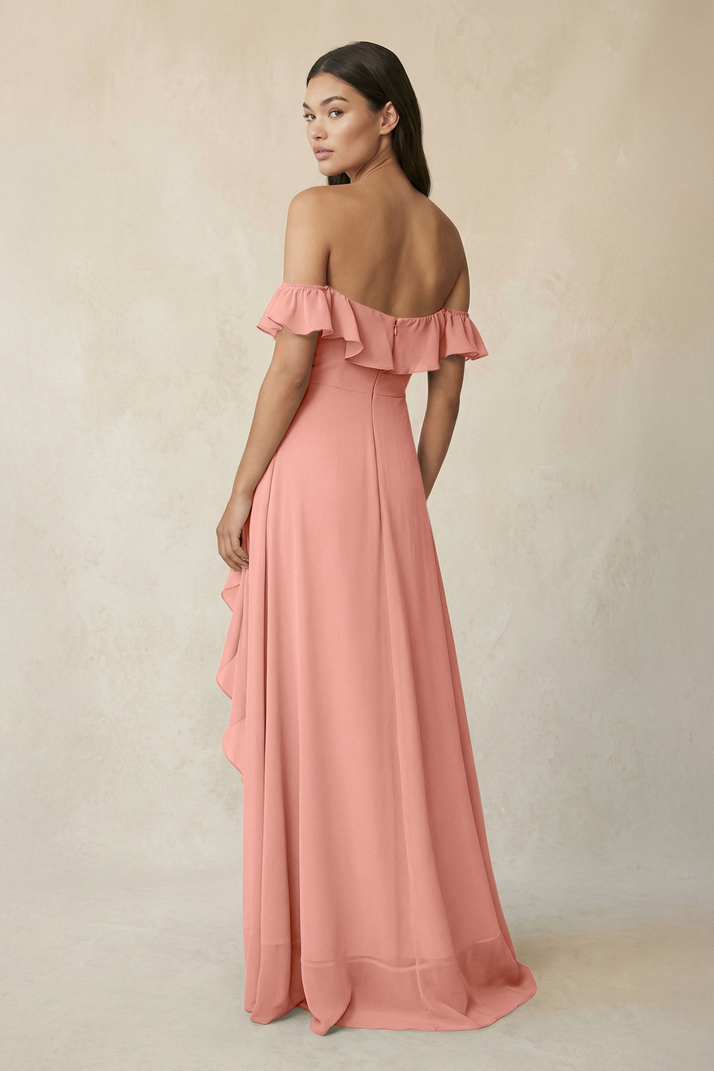 Ruffled Off-the-Shoulder A-Line Chiffon Bridesmaid Dress in Rosette