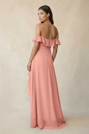 Ruffled Off-the-Shoulder A-Line Chiffon Bridesmaid Dress in Rosette (2) | KISSBRIDAL