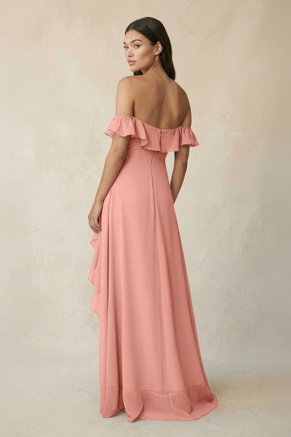 Ruffled Off-the-Shoulder A-Line Chiffon Bridesmaid Dress in Rosette (2) | KISSBRIDAL