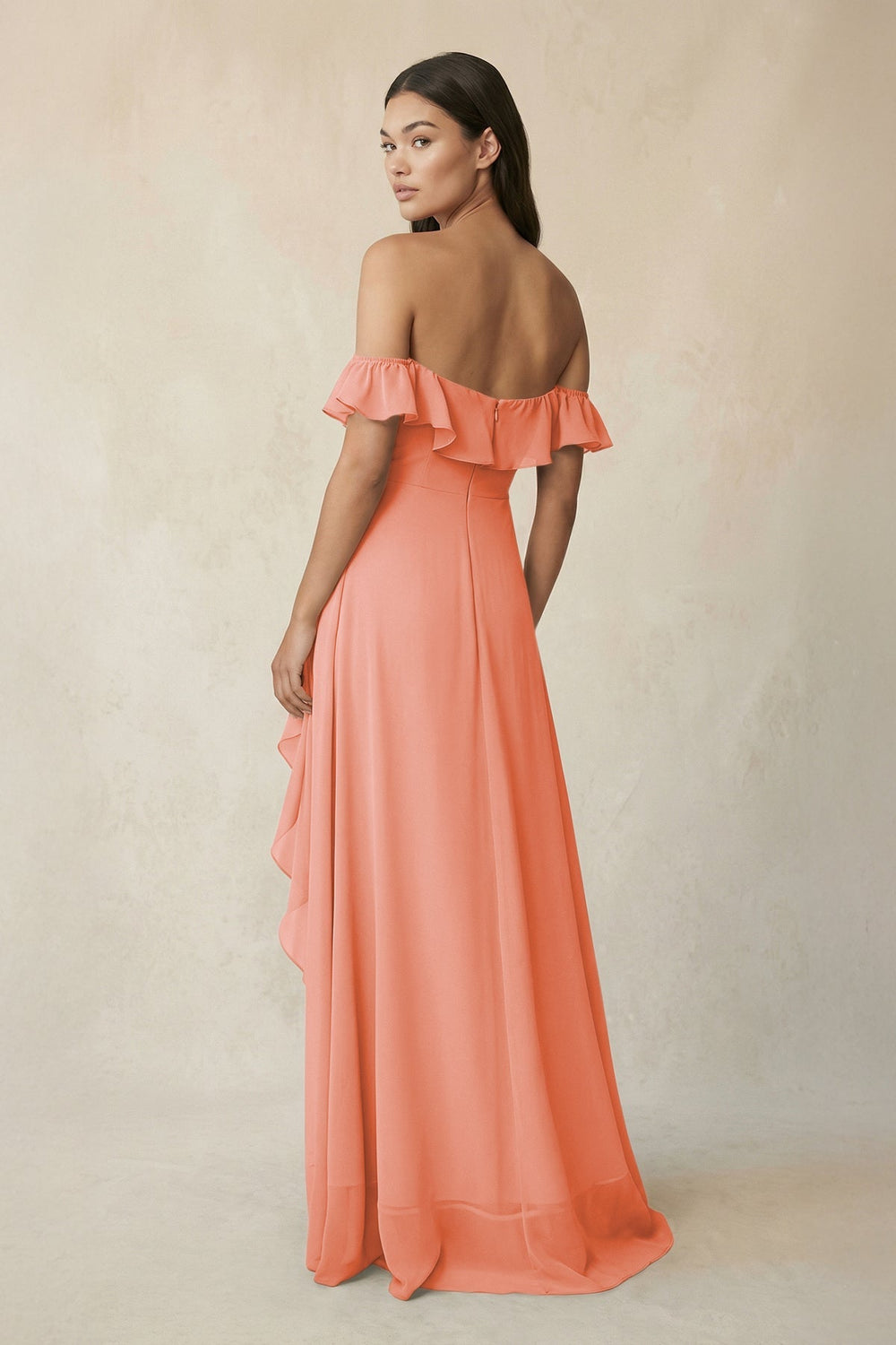 Ruffled Off-the-Shoulder A-Line Chiffon Bridesmaid Dress in Rosette - KISS BRIDAL BRIDESMAID DRESSES