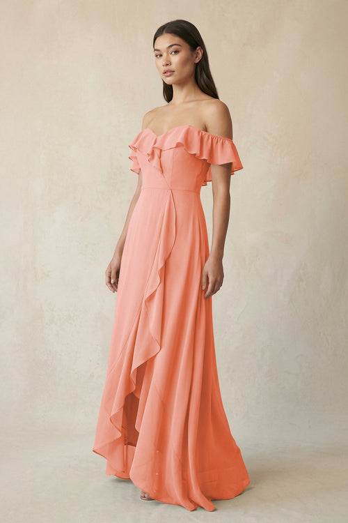 Ruffled Off-the-Shoulder A-Line Chiffon Bridesmaid Dress in Rosette - SHE IS ME BRIDESMAID DRESSES