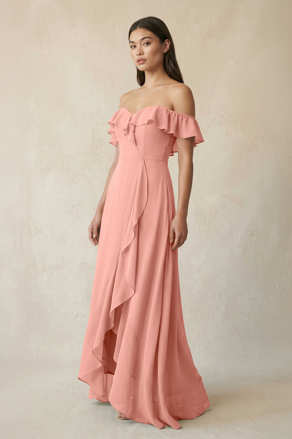 Ruffled Off-the-Shoulder A-Line Chiffon Bridesmaid Dress in Rosette