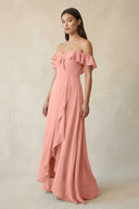 Ruffled Off-the-Shoulder A-Line Chiffon Bridesmaid Dress in Rosette | KISSBRIDAL