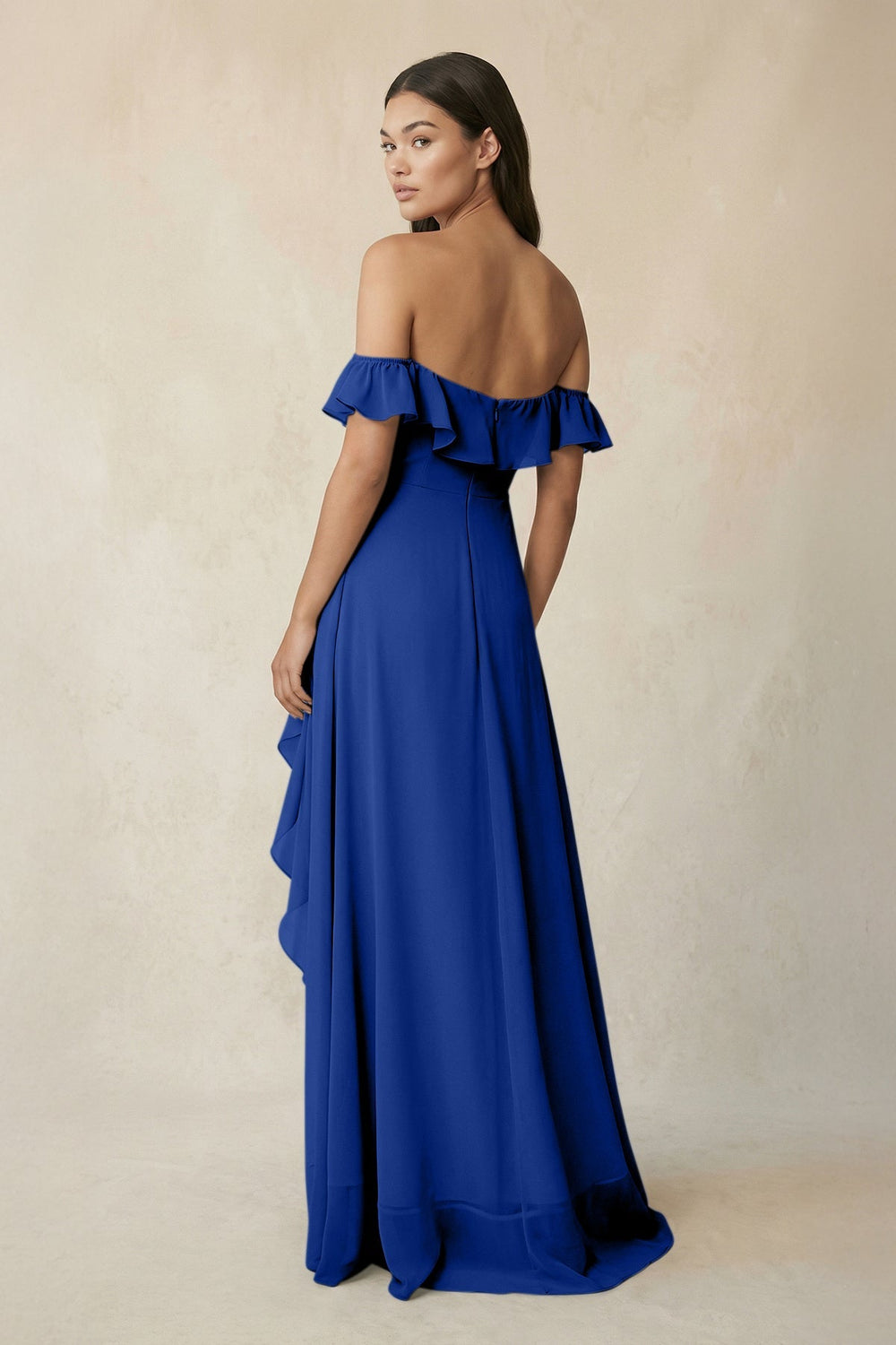 Ruffled Off-the-Shoulder A-Line Chiffon Bridesmaid Dress in Royal Blue - KISS BRIDAL BRIDESMAID DRESSES