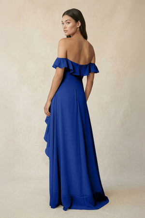 Ruffled Off-the-Shoulder A-Line Chiffon Bridesmaid Dress in Royal Blue - SHE IS ME BRIDESMAID DRESSES