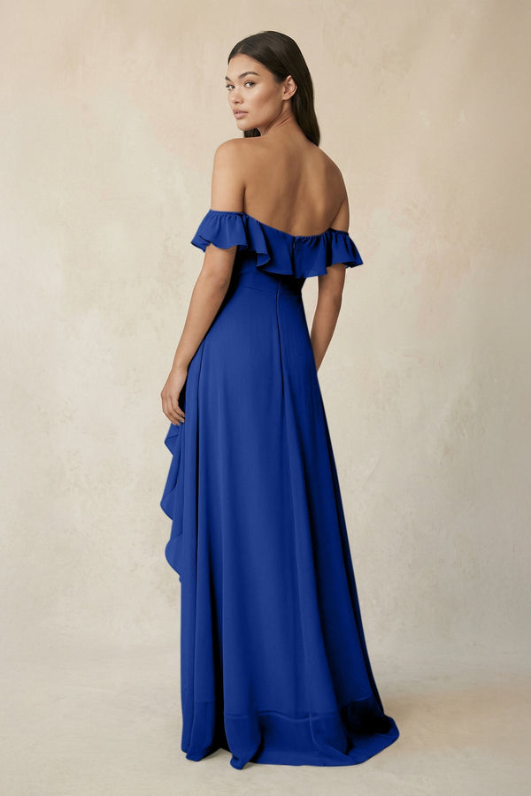 Ruffled Off-the-Shoulder A-Line Chiffon Bridesmaid Dress in Royal Blue - SHE IS ME BRIDESMAID DRESSES