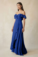 Ruffled Off-the-Shoulder A-Line Chiffon Bridesmaid Dress in Royal Blue - SHE IS ME BRIDESMAID DRESSES