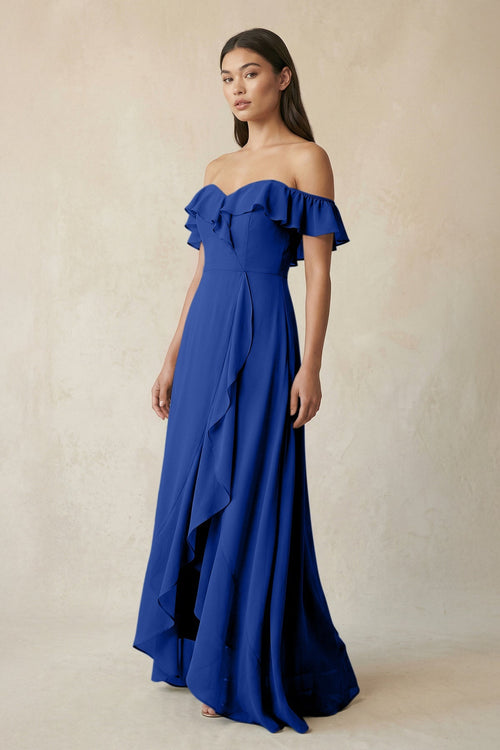 Ruffled Off-the-Shoulder A-Line Chiffon Bridesmaid Dress in Royal Blue - SHE IS ME BRIDESMAID DRESSES