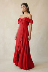 Ruffled Off-the-Shoulder A-Line Chiffon Bridesmaid Dress in Ruby Red - KISS BRIDAL BRIDESMAID DRESSES