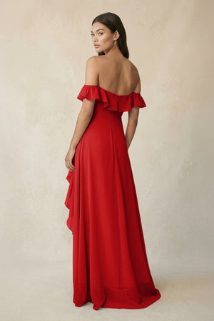 Ruffled Off-the-Shoulder A-Line Chiffon Bridesmaid Dress in Ruby Red - SHE IS ME BRIDESMAID DRESSES