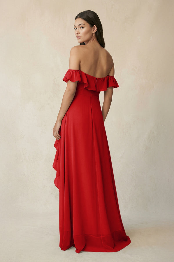 Ruffled Off-the-Shoulder A-Line Chiffon Bridesmaid Dress in Ruby Red - SHE IS ME BRIDESMAID DRESSES