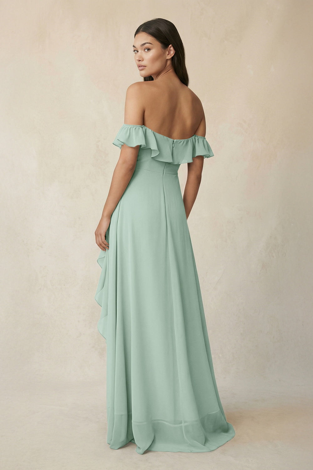 Ruffled Off-the-Shoulder A-Line Chiffon Bridesmaid Dress in Sage