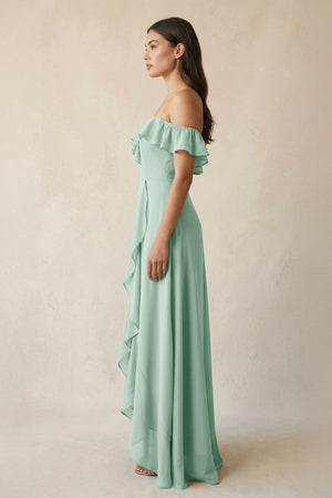 Ruffled Off-the-Shoulder A-Line Chiffon Bridesmaid Dress in Sage (3) | KISSBRIDAL