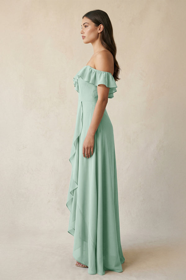Ruffled Off-the-Shoulder A-Line Chiffon Bridesmaid Dress in Sage (3) | KISSBRIDAL