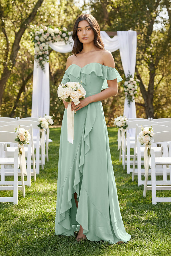 Ruffled Off-the-Shoulder A-Line Chiffon Bridesmaid Dress in Sage (4) | KISSBRIDAL