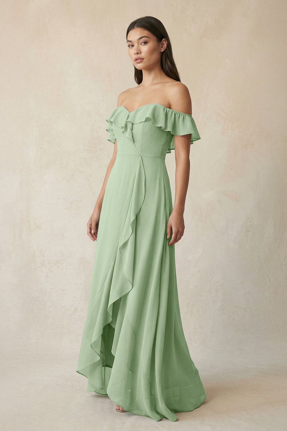 Ruffled Off-the-Shoulder A-Line Chiffon Bridesmaid Dress in Sage - SHE IS ME BRIDESMAID DRESSES