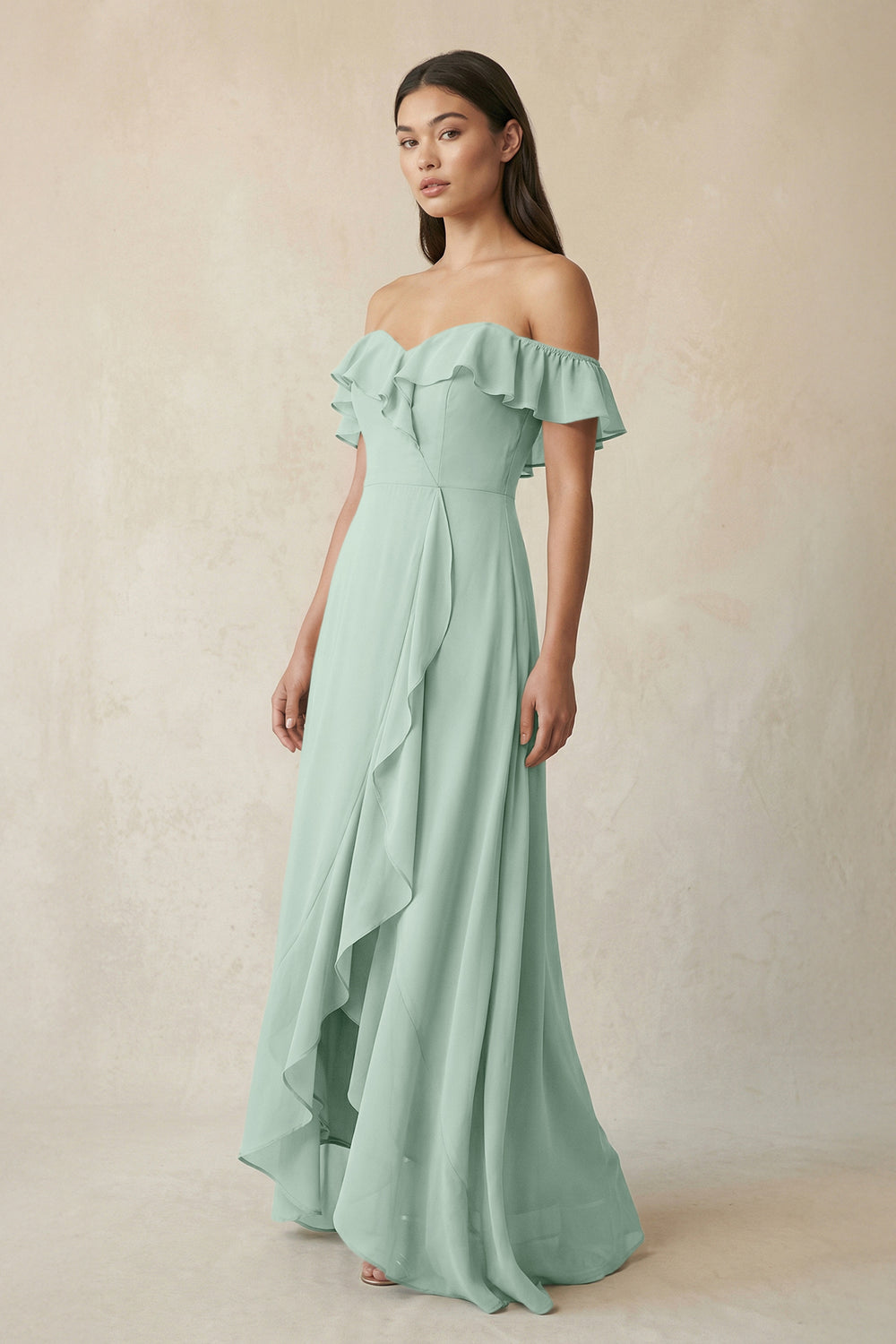 Ruffled Off-the-Shoulder A-Line Chiffon Bridesmaid Dress in Sage