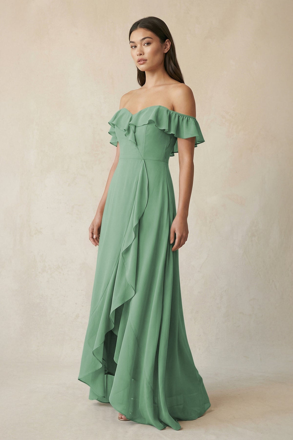 Ruffled Off-the-Shoulder A-Line Chiffon Bridesmaid Dress in Sea Glass - KISS BRIDAL BRIDESMAID DRESSES