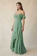 Ruffled Off-the-Shoulder A-Line Chiffon Bridesmaid Dress in Sea Glass - SHE IS ME BRIDESMAID DRESSES