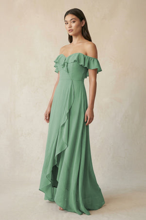 Ruffled Off-the-Shoulder A-Line Chiffon Bridesmaid Dress in Sea Glass - SHE IS ME BRIDESMAID DRESSES