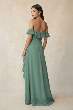 Ruffled Off-the-Shoulder A-Line Chiffon Bridesmaid Dress in Sea Glass (2) | KISSBRIDAL