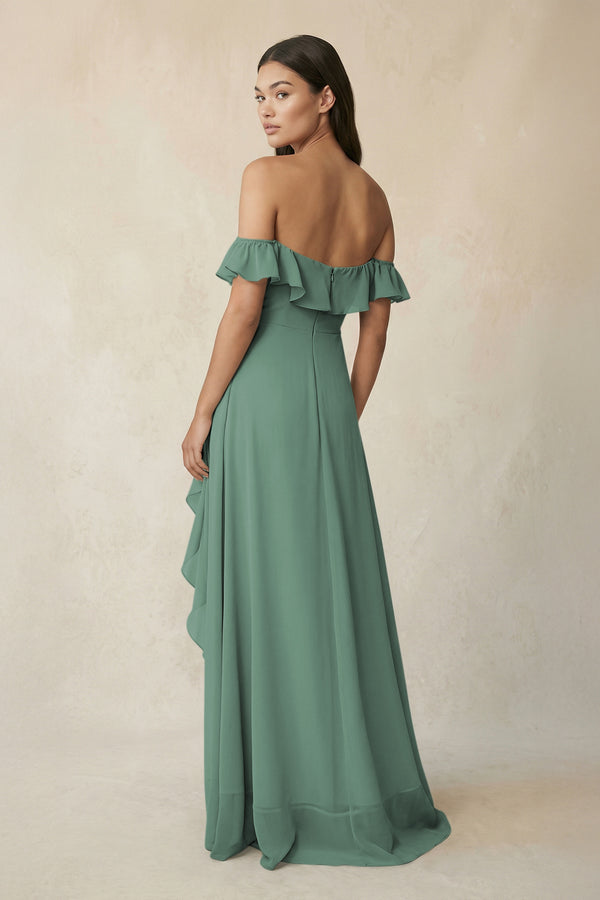 Ruffled Off-the-Shoulder A-Line Chiffon Bridesmaid Dress in Sea Glass (2) | KISSBRIDAL