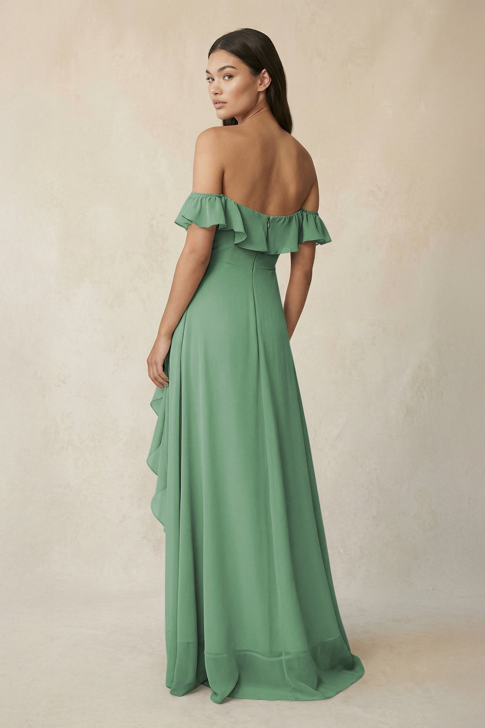 Ruffled Off-the-Shoulder A-Line Chiffon Bridesmaid Dress in Sea Glass - KISS BRIDAL BRIDESMAID DRESSES