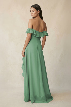 Ruffled Off-the-Shoulder A-Line Chiffon Bridesmaid Dress in Sea Glass - SHE IS ME BRIDESMAID DRESSES