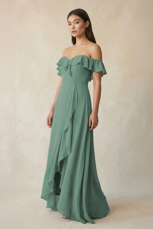 Ruffled Off-the-Shoulder A-Line Chiffon Bridesmaid Dress in Sea Glass | KISSBRIDAL