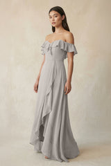 Ruffled Off-the-Shoulder A-Line Chiffon Bridesmaid Dress in Silver - KISS BRIDAL BRIDESMAID DRESSES