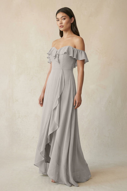 Ruffled Off-the-Shoulder A-Line Chiffon Bridesmaid Dress in Silver - SHE IS ME BRIDESMAID DRESSES