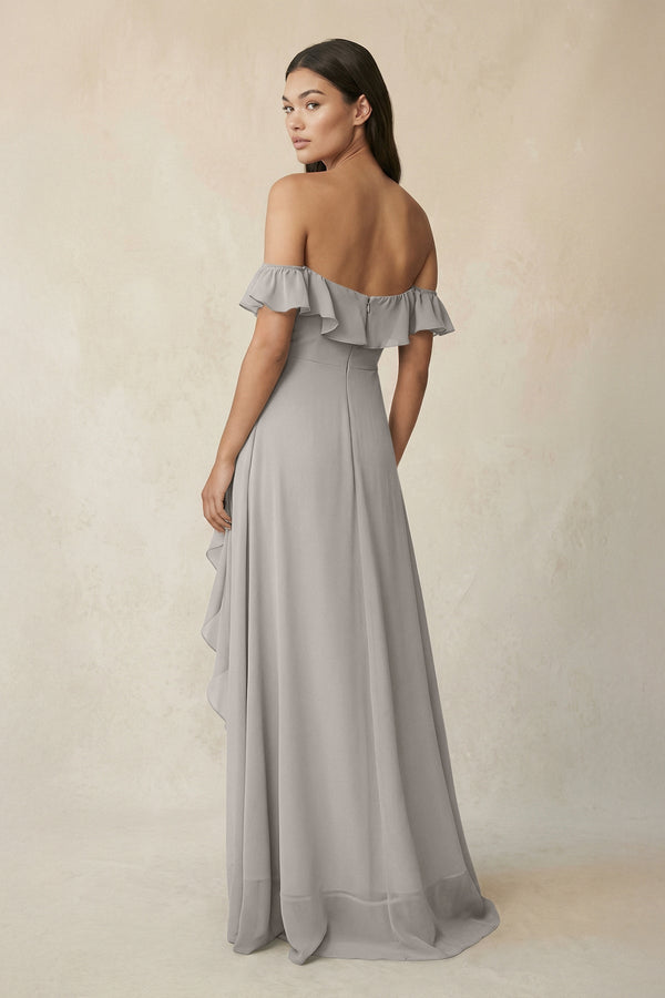 Ruffled Off-the-Shoulder A-Line Chiffon Bridesmaid Dress in Silver - SHE IS ME BRIDESMAID DRESSES