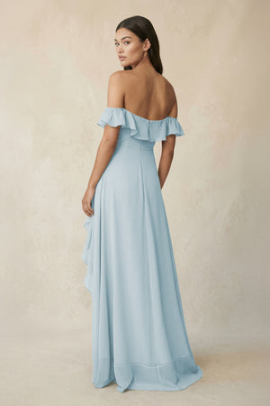 Ruffled Off-the-Shoulder A-Line Chiffon Bridesmaid Dress in Sky Blue (2) | KISSBRIDAL