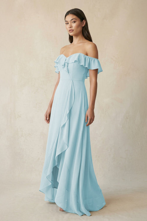 Ruffled Off-the-Shoulder A-Line Chiffon Bridesmaid Dress in Sky Blue - SHE IS ME BRIDESMAID DRESSES