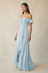 Ruffled Off-the-Shoulder A-Line Chiffon Bridesmaid Dress in Sky Blue | KISSBRIDAL