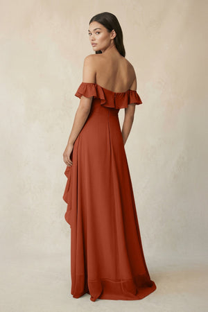 Ruffled Off-the-Shoulder A-Line Chiffon Bridesmaid Dress in Spice - SHE IS ME BRIDESMAID DRESSES