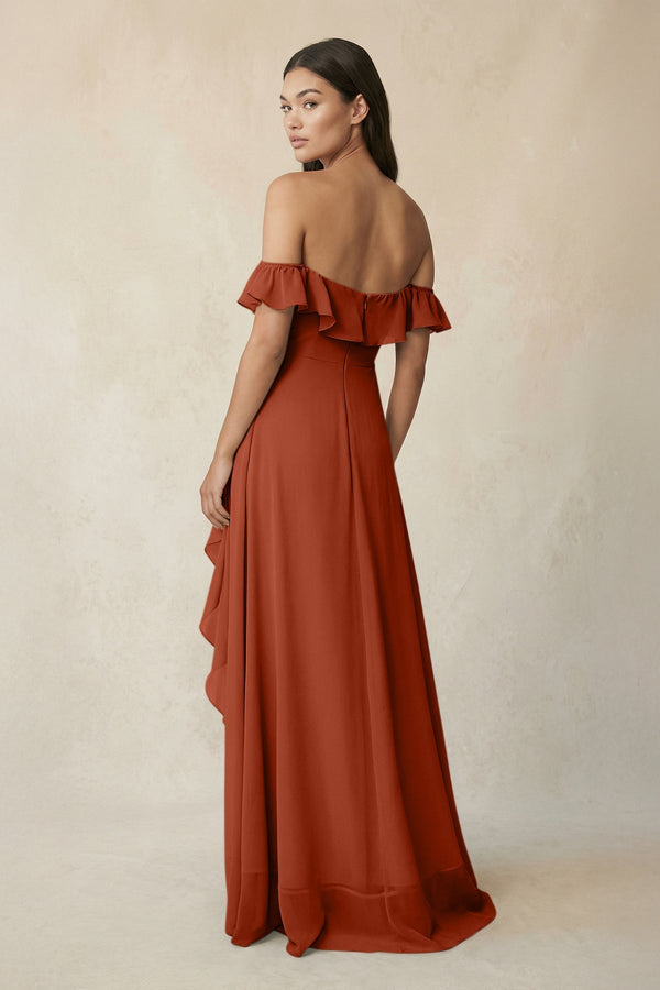 Ruffled Off-the-Shoulder A-Line Chiffon Bridesmaid Dress in Spice - SHE IS ME BRIDESMAID DRESSES
