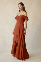 Ruffled Off-the-Shoulder A-Line Chiffon Bridesmaid Dress in Spice - KISS BRIDAL BRIDESMAID DRESSES