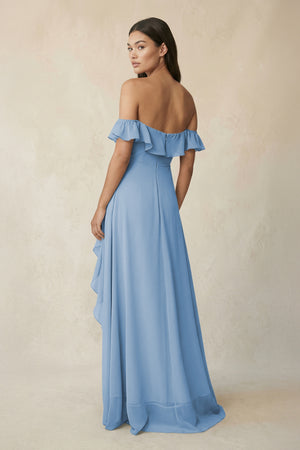 Ruffled Off-the-Shoulder A-Line Chiffon Bridesmaid Dress in Steel Blue (2) | KISSBRIDAL