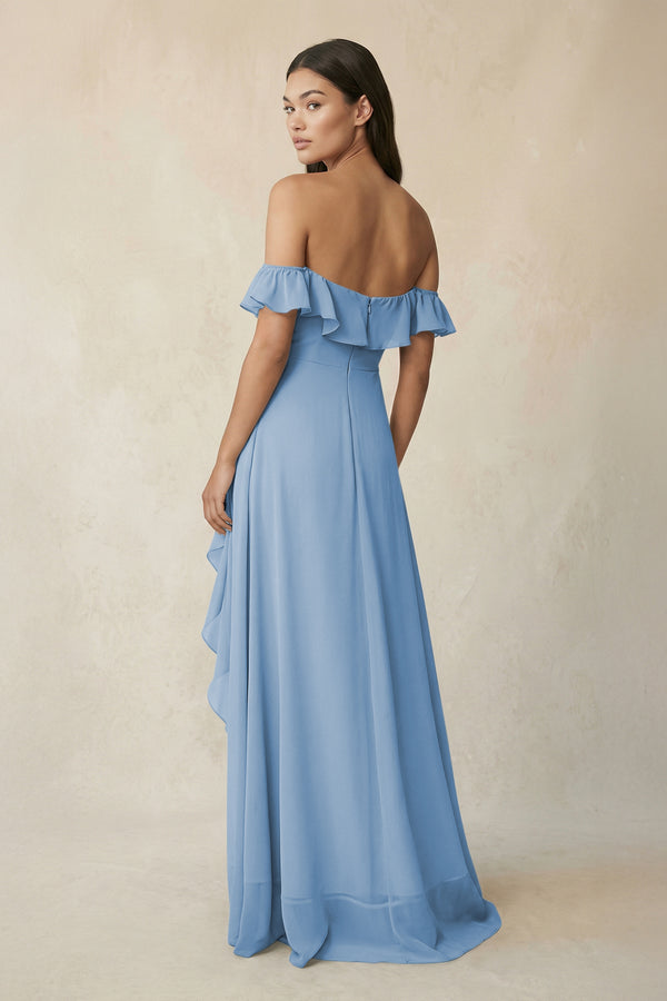 Ruffled Off-the-Shoulder A-Line Chiffon Bridesmaid Dress in Steel Blue (2) | KISSBRIDAL