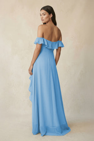 Ruffled Off-the-Shoulder A-Line Chiffon Bridesmaid Dress in Steel Blue - SHE IS ME BRIDESMAID DRESSES