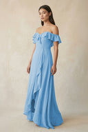 Ruffled Off-the-Shoulder A-Line Chiffon Bridesmaid Dress in Steel Blue - SHE IS ME BRIDESMAID DRESSES
