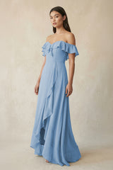 Ruffled Off-the-Shoulder A-Line Chiffon Bridesmaid Dress in Steel Blue | KISSBRIDAL
