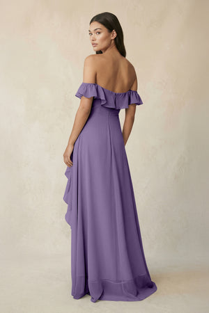 Ruffled Off-the-Shoulder A-Line Chiffon Bridesmaid Dress in Tahiti (2) | KISSBRIDAL