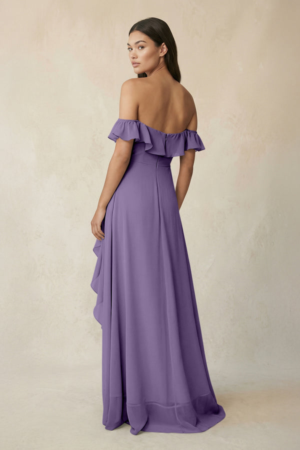 Ruffled Off-the-Shoulder A-Line Chiffon Bridesmaid Dress in Tahiti (2) | KISSBRIDAL