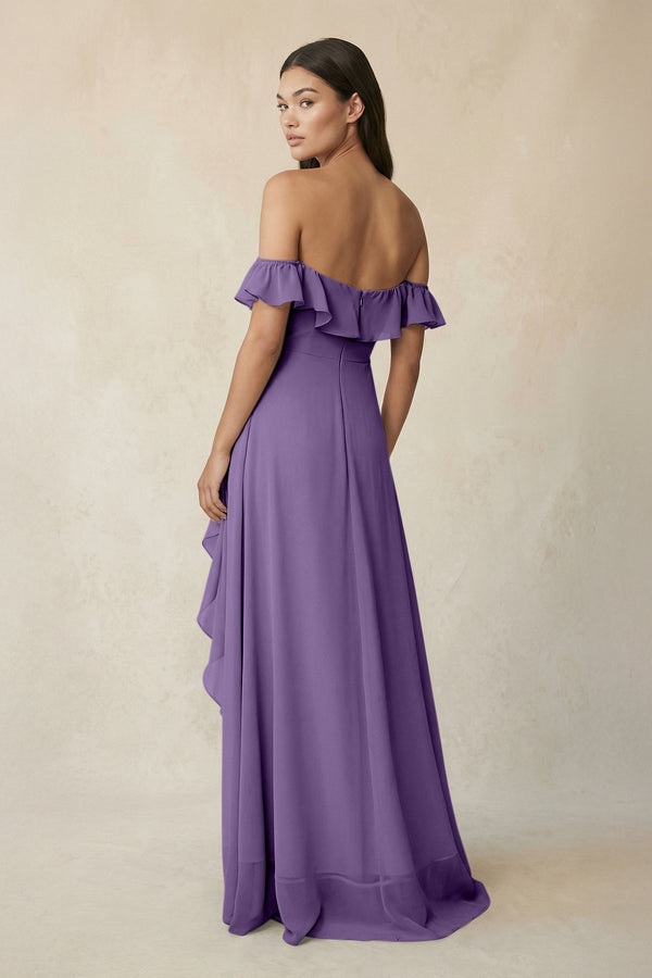 Ruffled Off-the-Shoulder A-Line Chiffon Bridesmaid Dress in Tahiti - SHE IS ME BRIDESMAID DRESSES