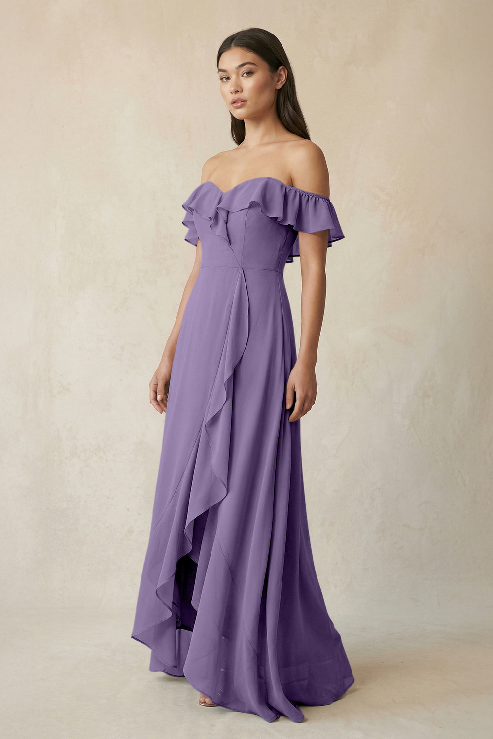 Ruffled Off-the-Shoulder A-Line Chiffon Bridesmaid Dress in Tahiti