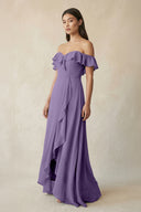 Ruffled Off-the-Shoulder A-Line Chiffon Bridesmaid Dress in Tahiti | KISSBRIDAL