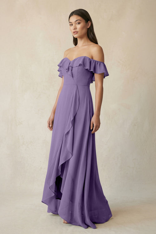 Ruffled Off-the-Shoulder A-Line Chiffon Bridesmaid Dress in Tahiti | KISSBRIDAL